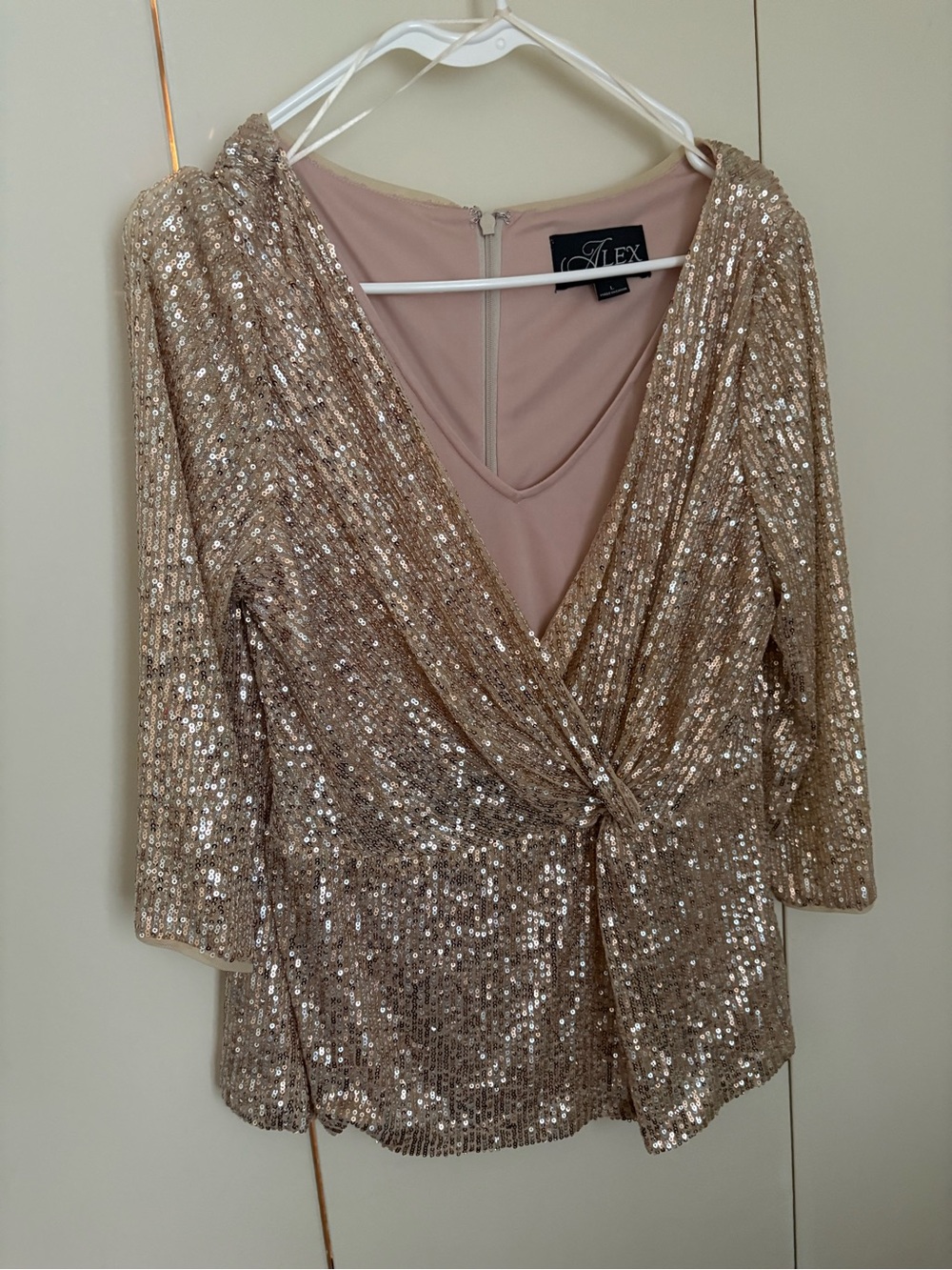 Alex Evenings Gold Sequin Knot-Front Wrap Top size L
